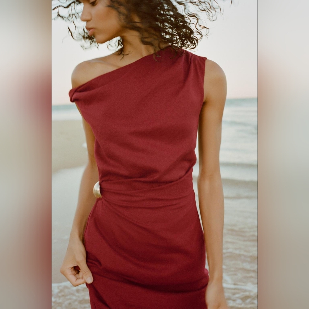 ❌️SOLD❌️RUCHED LINEN BLEND MIDI DRESS SIZE L - Picture 4 of 8
